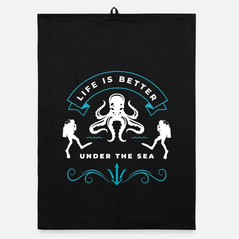Underwater life with octopus and diver Organic dish towel