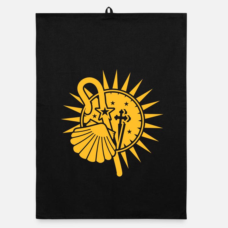 Pilgrimage scallop with pilgrim's staff and Cross Organic dish towel