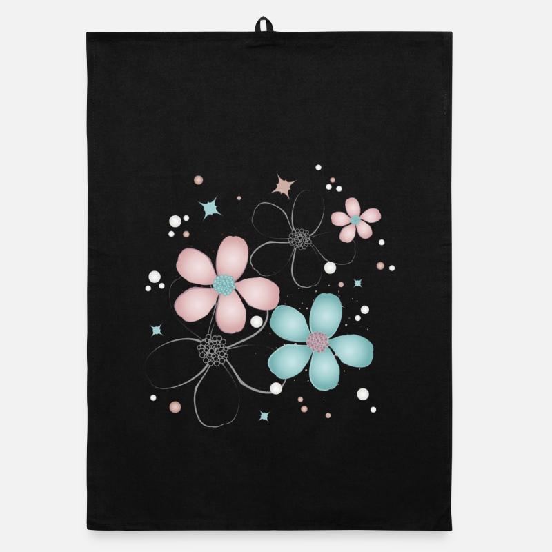 fleurs tendres en rose et turquoise - Torchon bio - noir