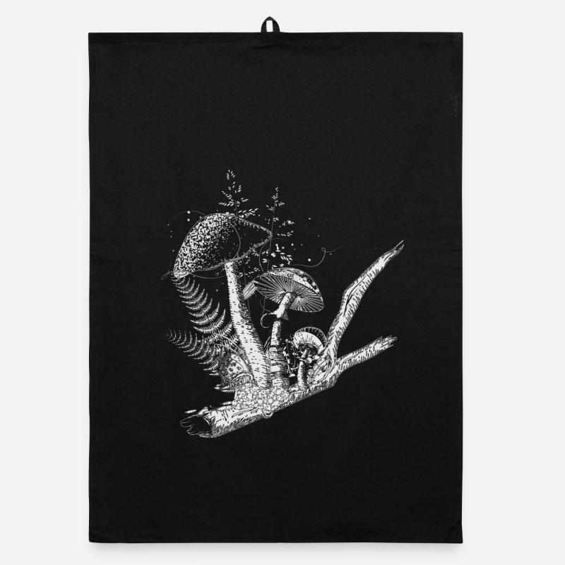 composition dessinée champignons forestiers, graminées et branches Torchon bio