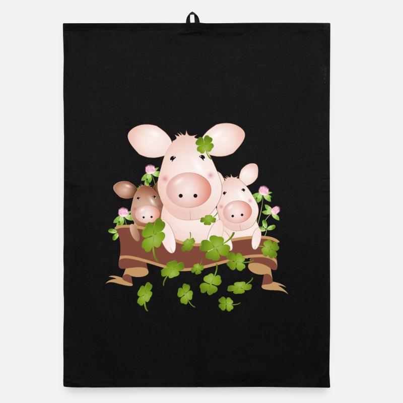 Trois cochons chanceux avec des trèfles à quatre feuilles Torchon bio