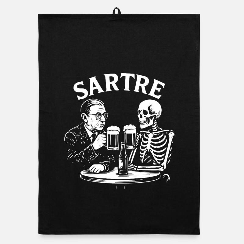 Sartre trinkt Bier mit Skeleton Organic Geschirrtuch