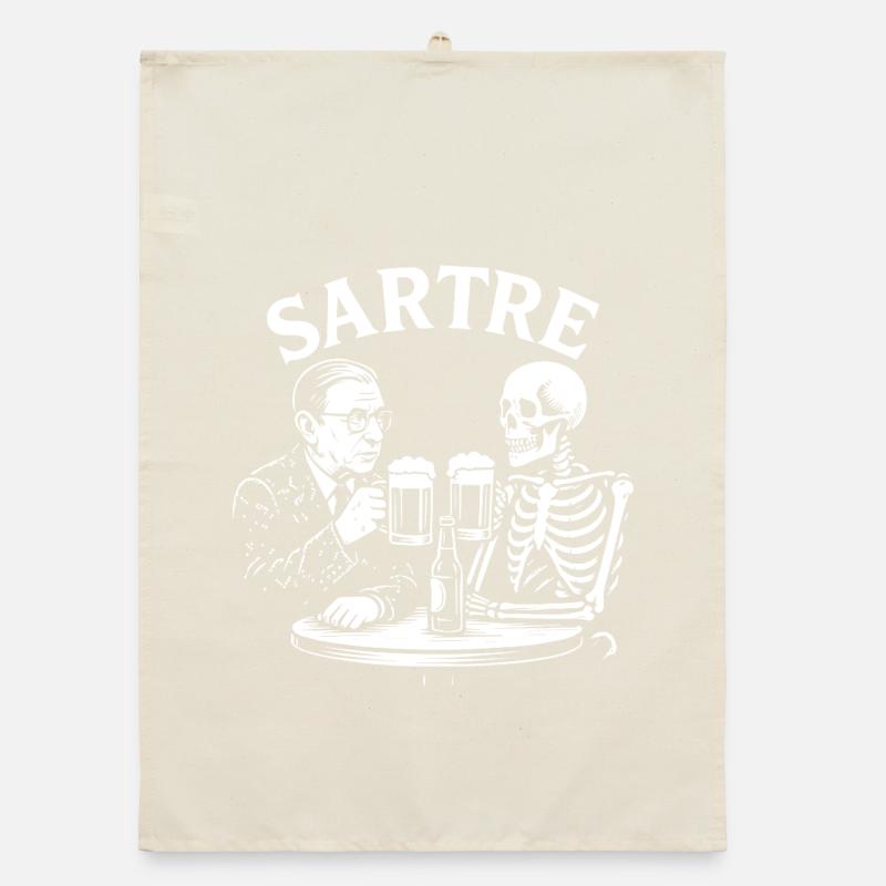 Sartre drinking beer with Skeleton Organic dish towel
