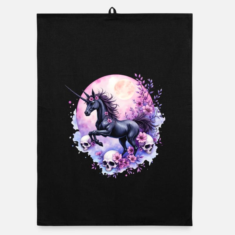 Licorne lunaire avec crânes et fleurs Torchon bio