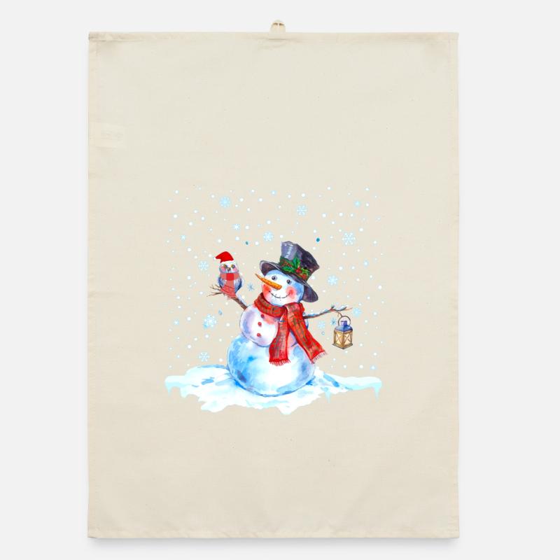 Weihnachten Nostalgie Schneemann mit Eule, Laterne Organic Geschirrtuch