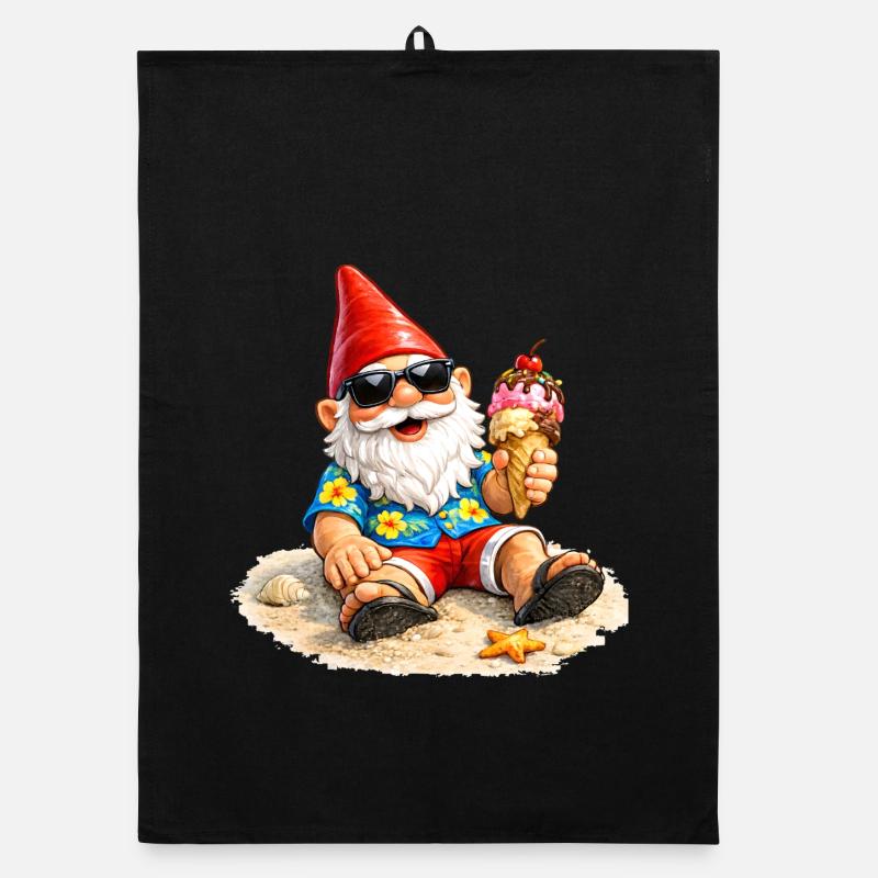 Nain de jardin sur la plage avec une glace à la main Torchon bio