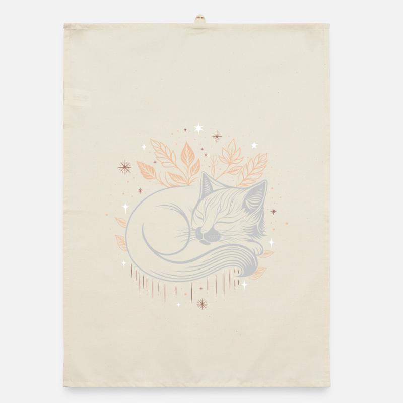 Chat endormi dans le feuillage - Nuit d’automne mystique Torchon bio