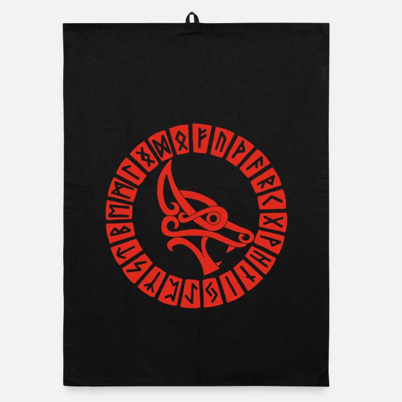 Loup rouge et runes vikings - Torchon bio - noir