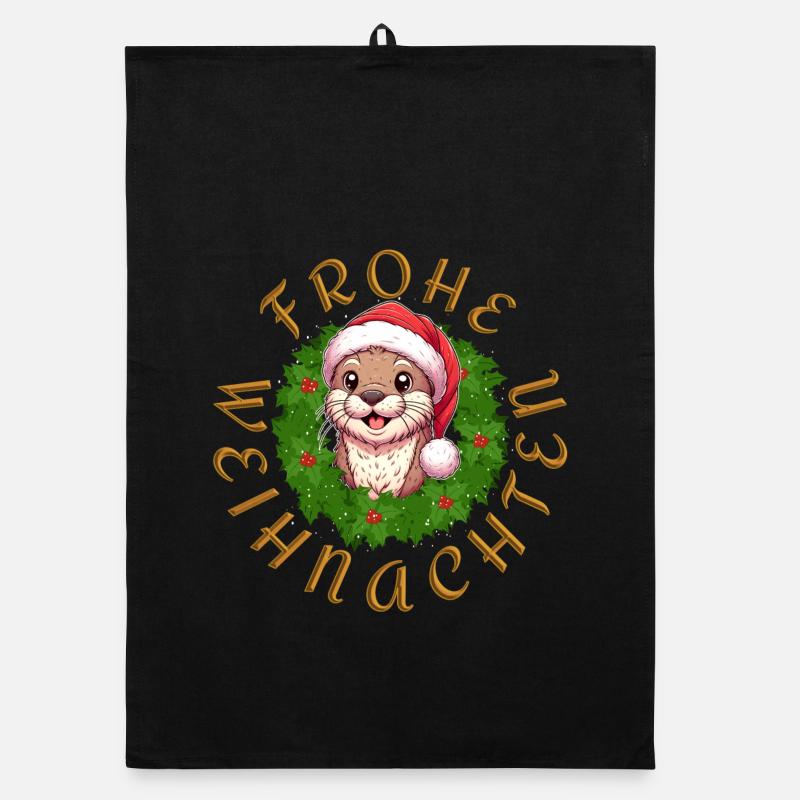 Weihnachts-Otter Kollektion: Festlicher Otter - Organic Geschirrtuch - Schwarz