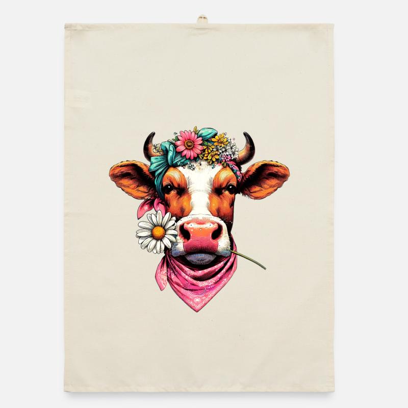 Vache avec des fleurs Torchon bio