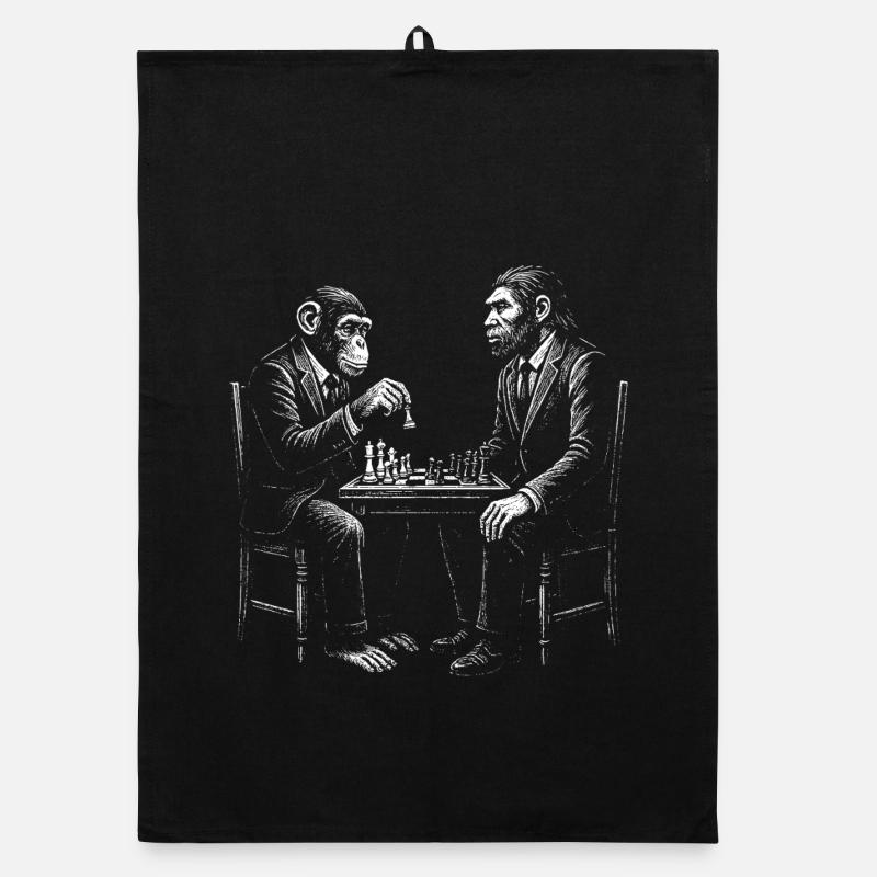 Affe spielt Schach mit Homo Erectus. Lustiges Design Organic Geschirrtuch