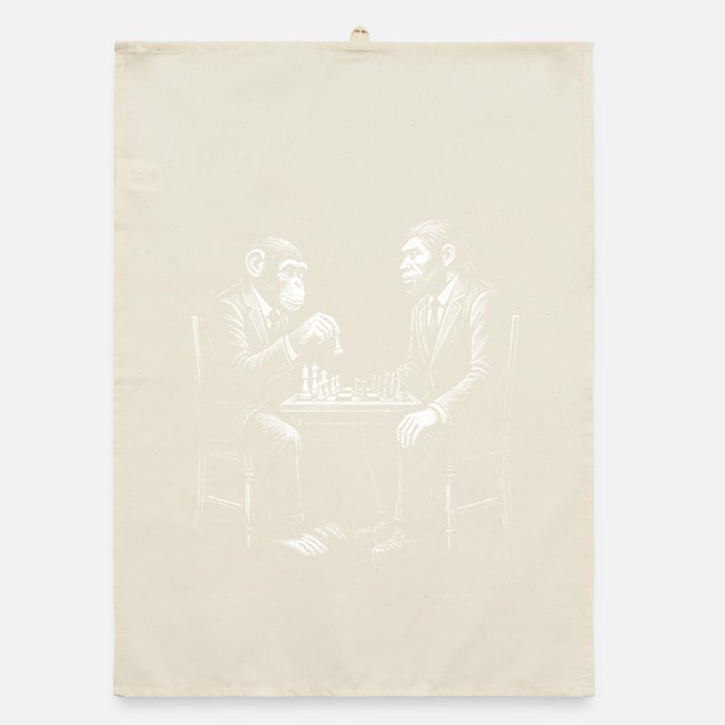 monkey plays chess with homo erectus. Funny design Organic dish towel