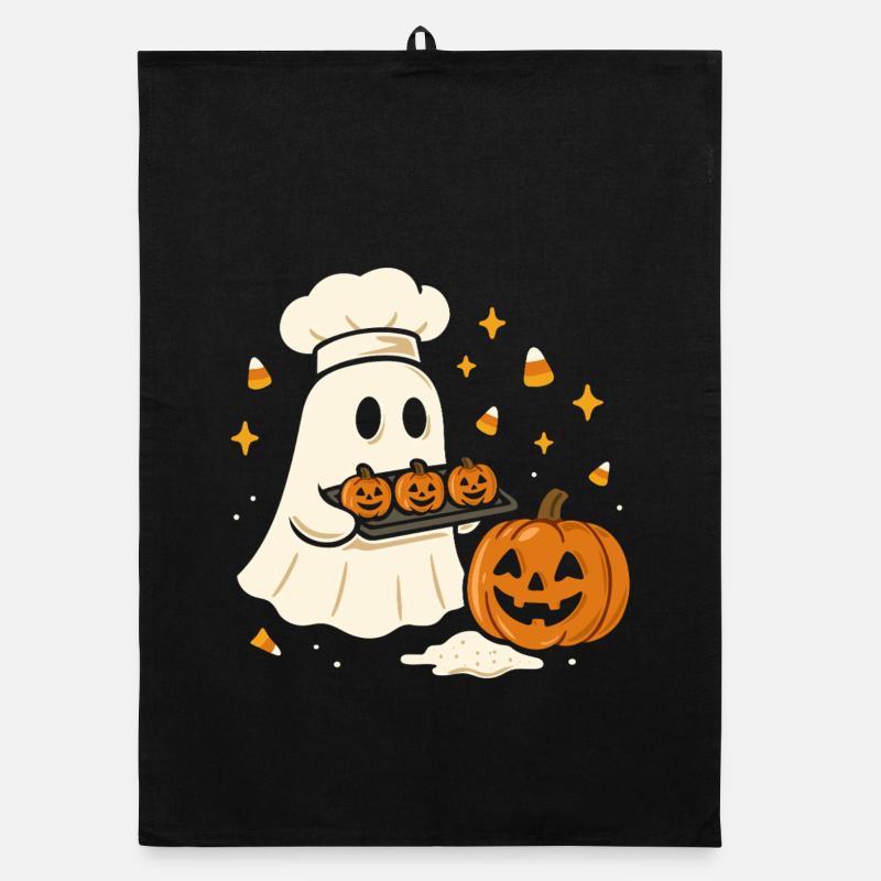 Fantôme d'Halloween avec toque de chef et citrouille Torchon bio