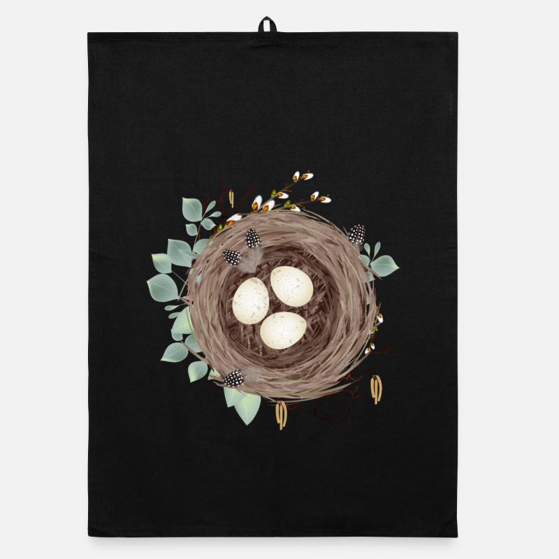 Bird's nest or Easter nest with three eggs and feathers Organic dish towel