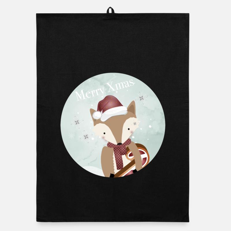 golden fox for Christmas with candy cane Organic dish towel