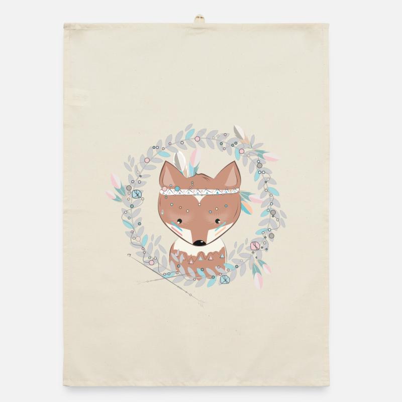 small fox with feather decoration in ethno frame Organic dish towel