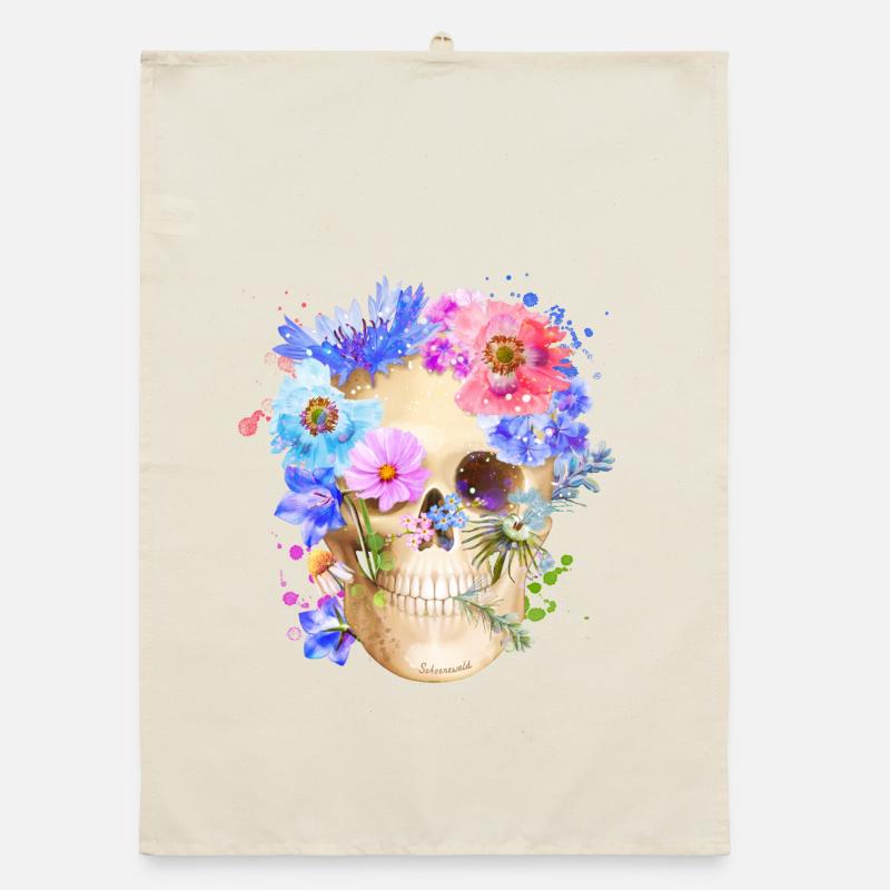 Farbenfroher Schädel mit Blumen Mohn Organic Geschirrtuch