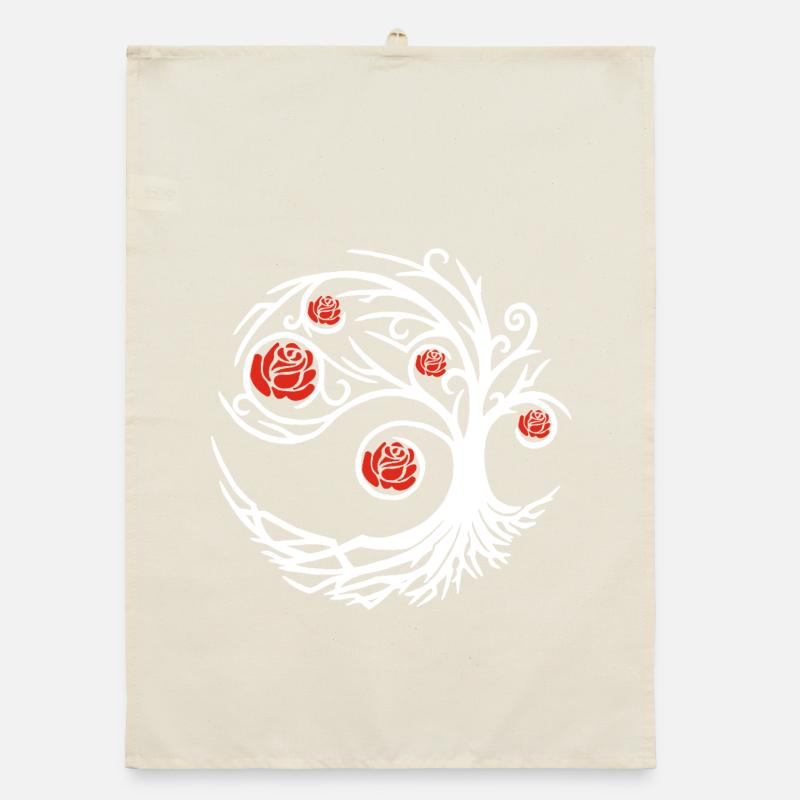 Stylized White Tree and Red Roses Organic dish towel