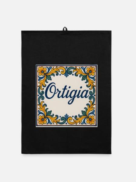 Ortiga Ceramic Tile Pattern - Organic dish towel - black - Front