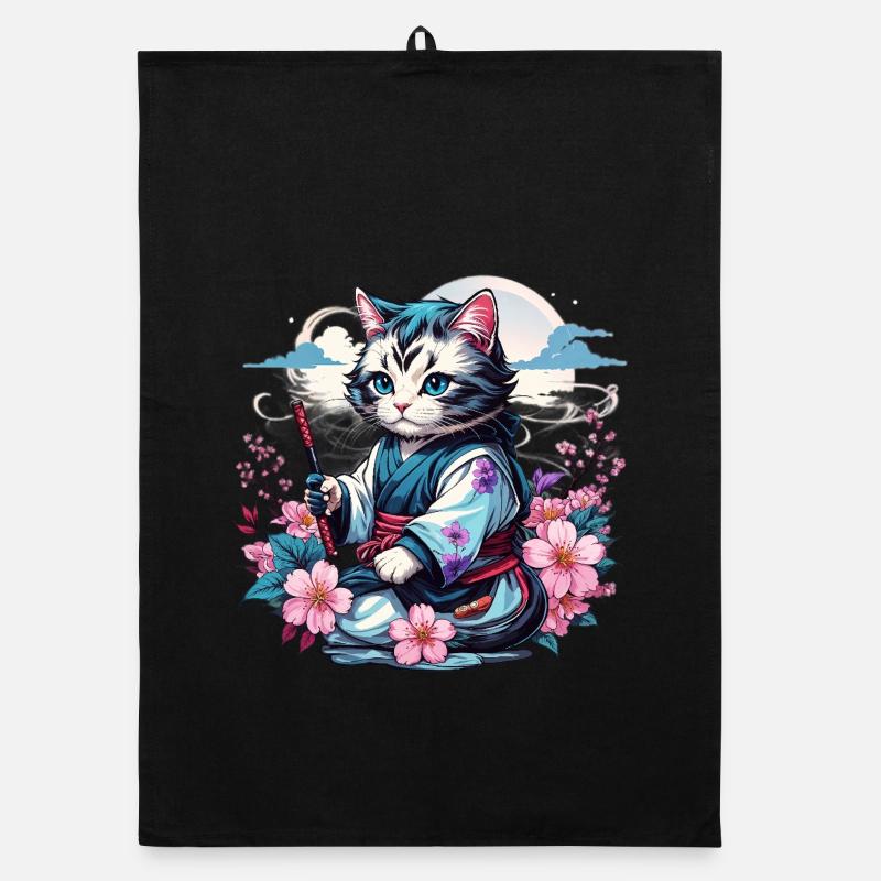 Chat Ninja Kawaii japonais - Torchon bio - noir