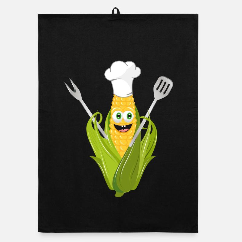 funny cartoon corncob with chef hat Organic dish towel
