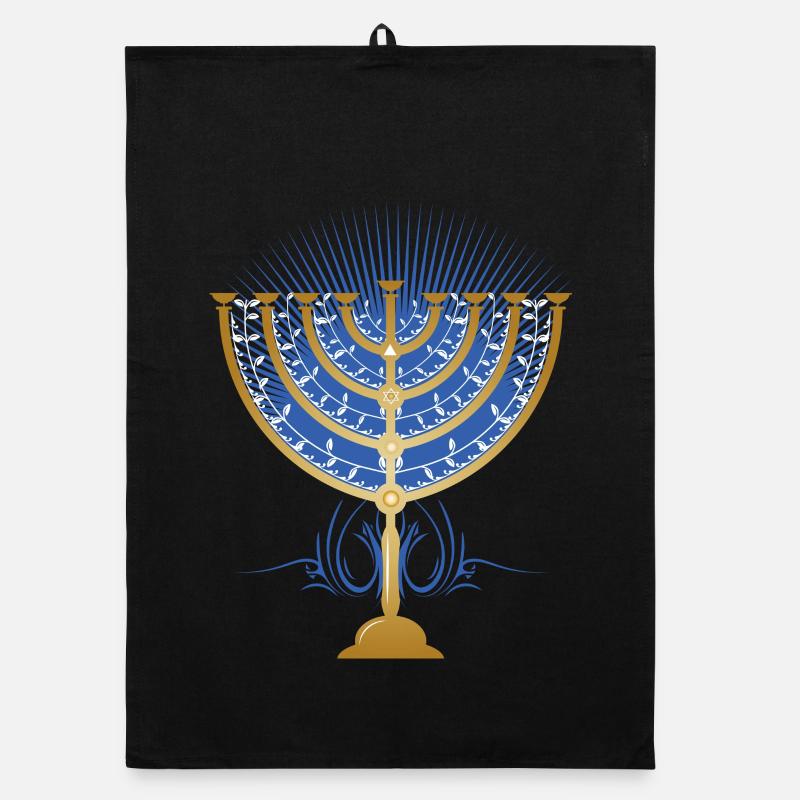 gold-colored Hanukkah candlestick with blue rays Organic dish towel