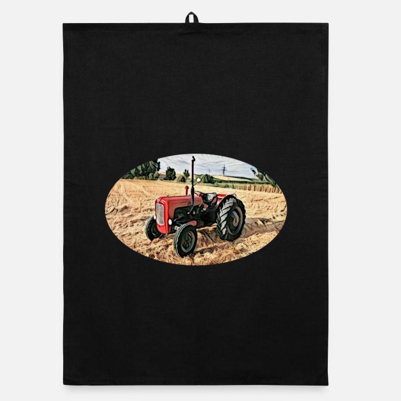 Red vintage tractor in field Organic dish towel