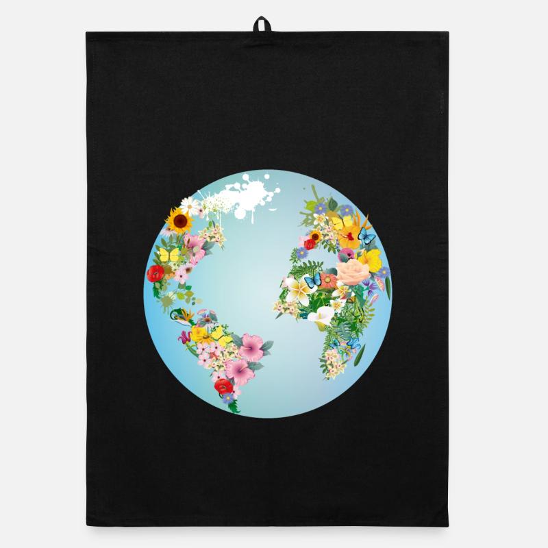 globe bleu clair avec des continents en fleurs Torchon bio