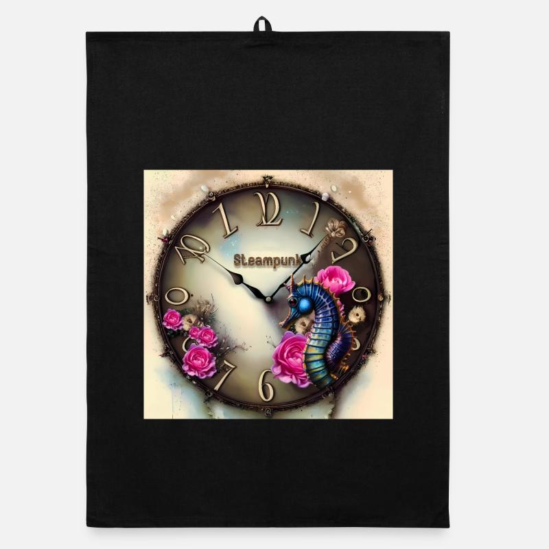 Steampunk Uhr mit Blumen und Seepferdchen Organic Geschirrtuch