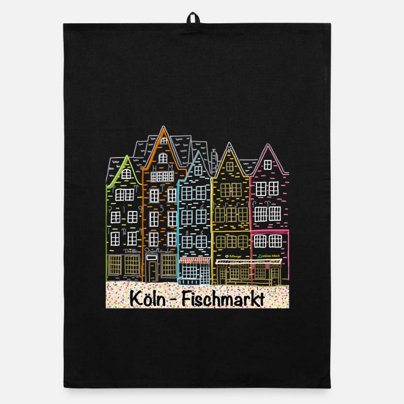 Cologne fish market, Germany, line drawing Organic dish towel