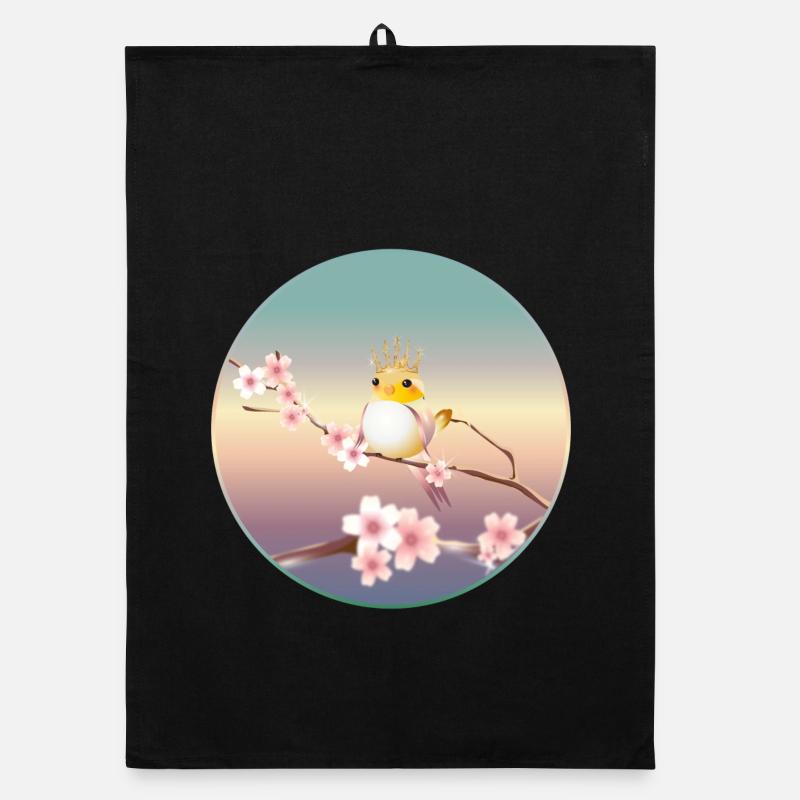 Canaries avec couronne sur branche de cerisier en fleur Torchon bio