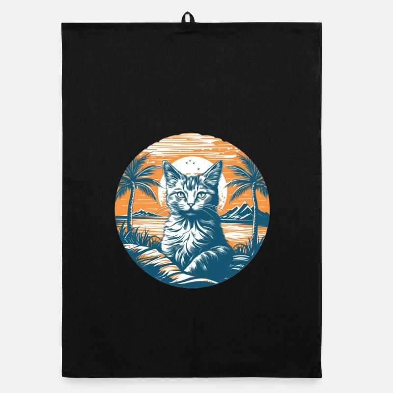 Tropical Cat Magic at Sunset Organic dish towel
