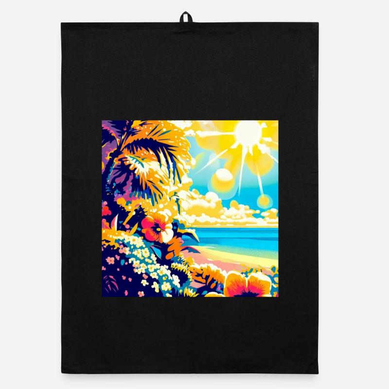 Plage tropicale rétro et soleil Torchon bio