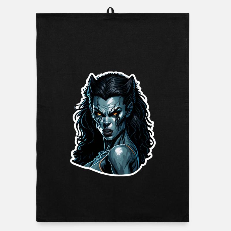 Blauer Nachtvampir Portrait Wehrwolf Weibchen Organic Geschirrtuch
