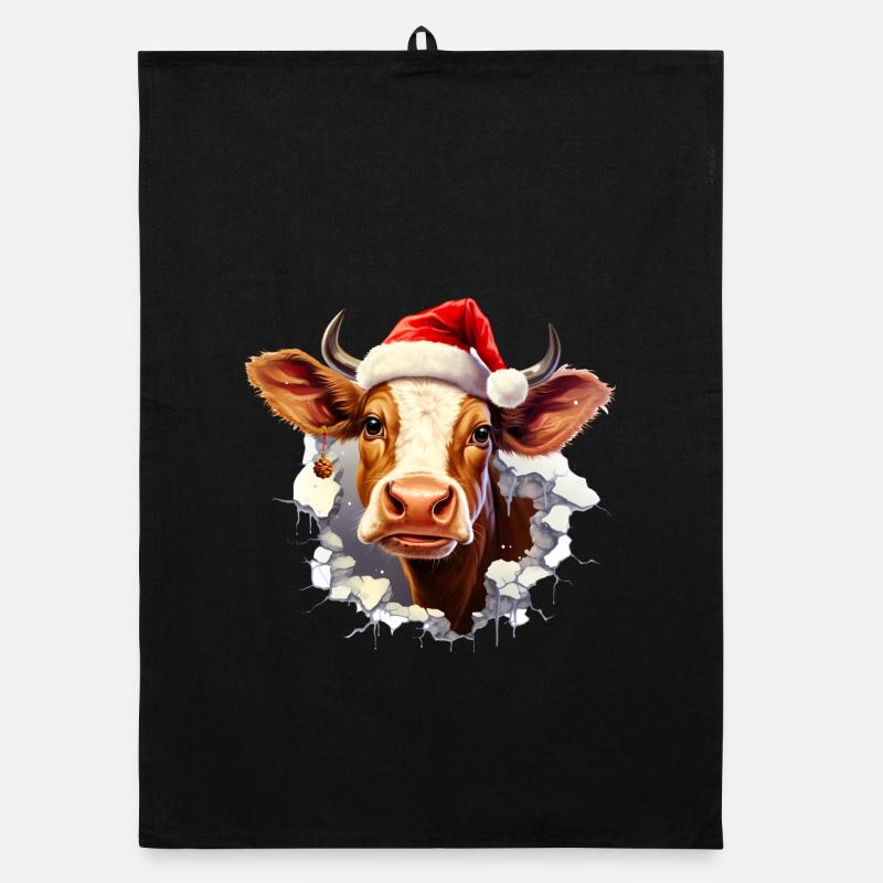 Kuh mit Weihnachtsmütze im Mauerloch Organic Geschirrtuch