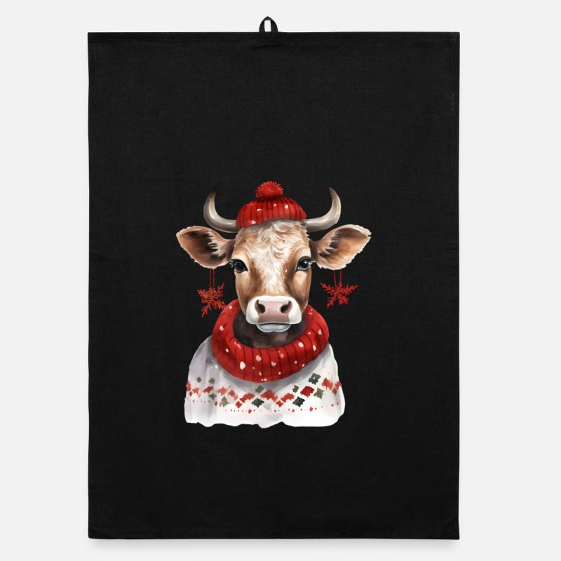 Vache d’hiver avec écharpe rouge et chapeau Torchon bio