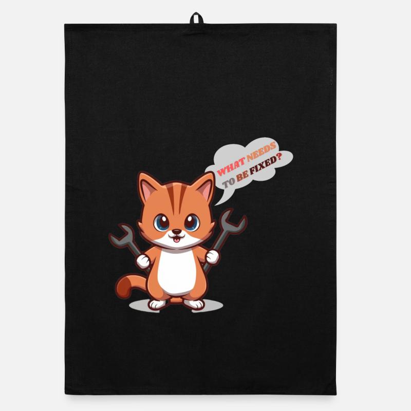 Cute Kitten with Tools and Question - Organic dish towel - black