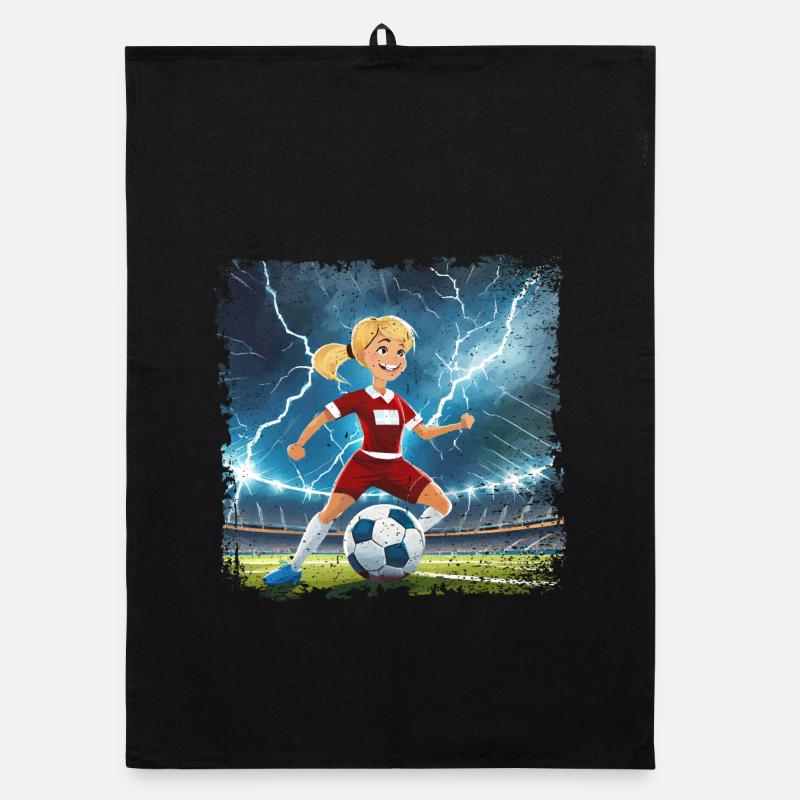 Fussballerin Comicfigur Stadion mit Blitzen Organic Geschirrtuch