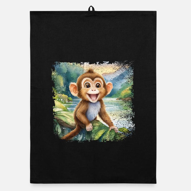 Cute young monkey, cheerful by the river Organic dish towel