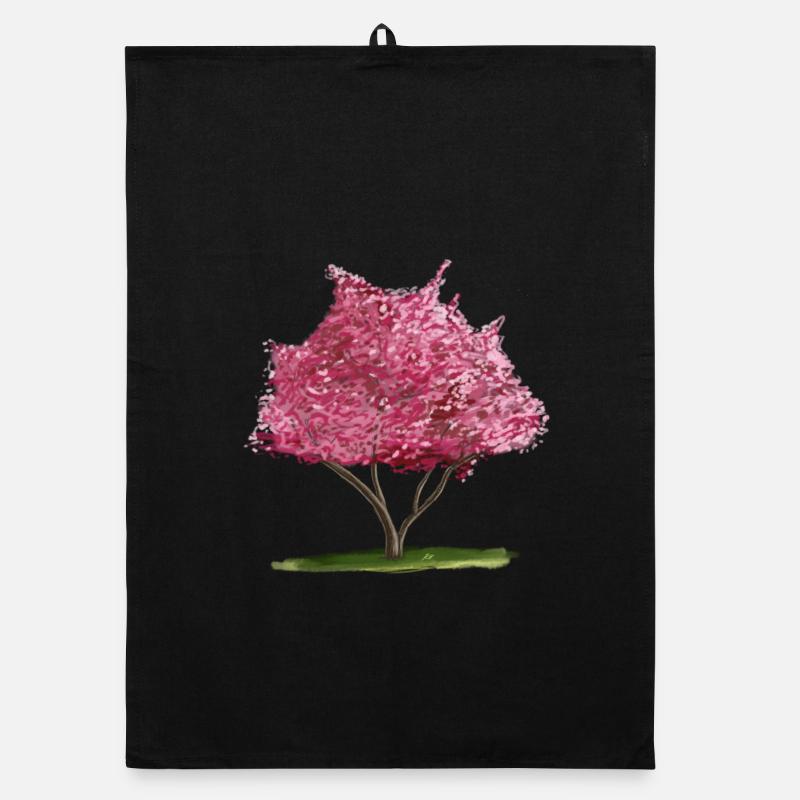 Cherry Sakura Pink Floral Tree - Organic dish towel - black