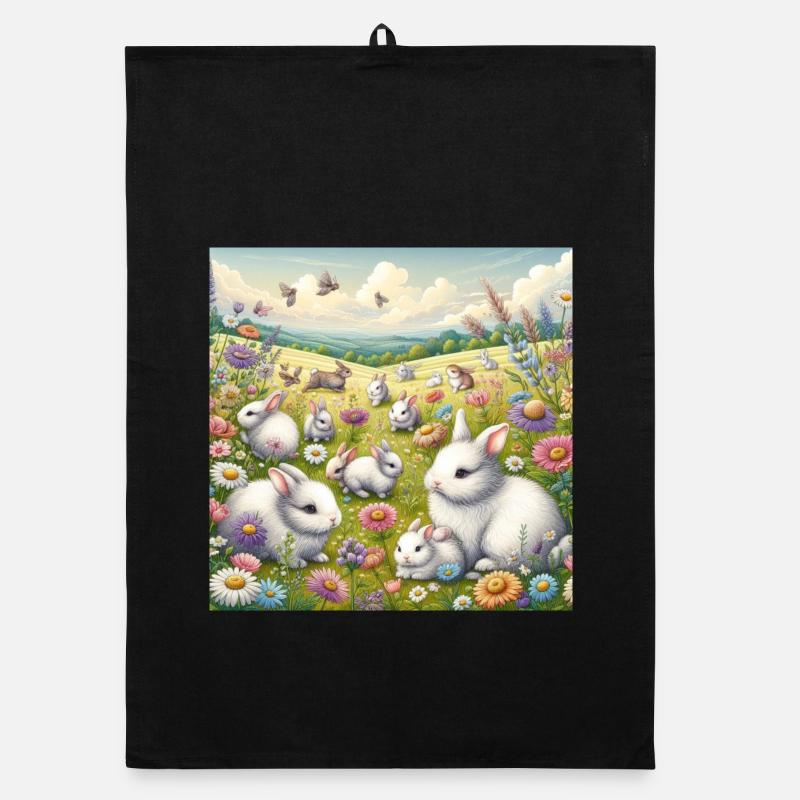 Lapins dans un champ de fleurs Torchon bio