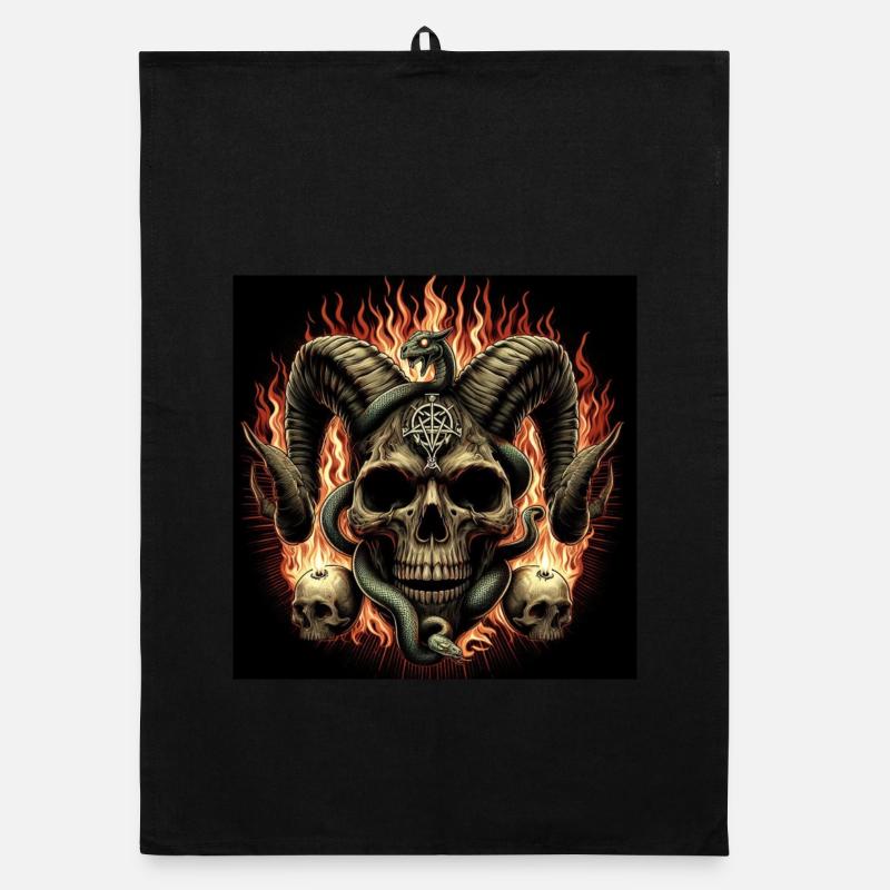 Satanic Skull on Fire Organic dish towel