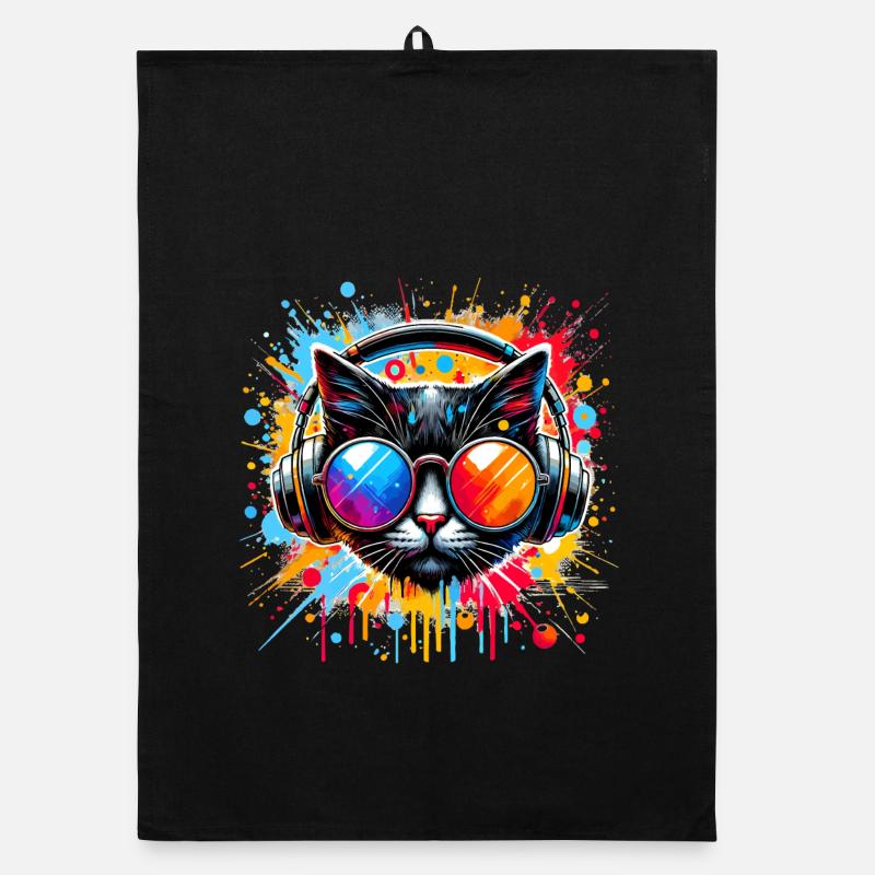 DJ Cat - Disco & Party Cat - mit Farbklecksen Organic Geschirrtuch
