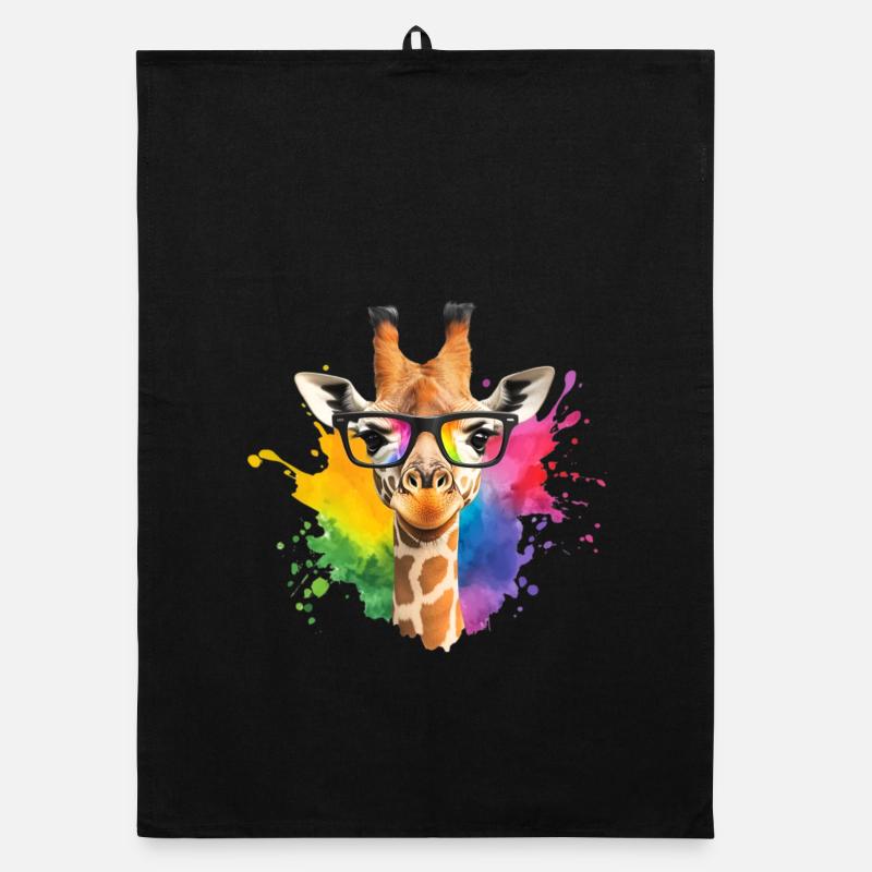 Girafe colorée avec des lunettes et des éclaboussures arc-en-ciel - Torchon bio - noir