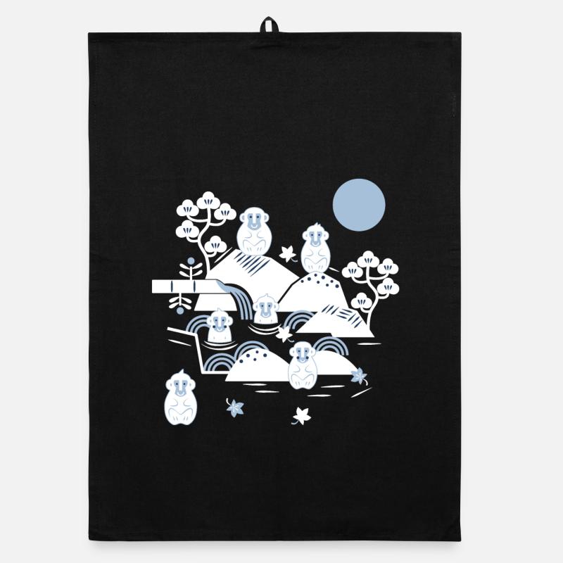 Chilling monkeys in a hot spring l white blue navy Organic dish towel