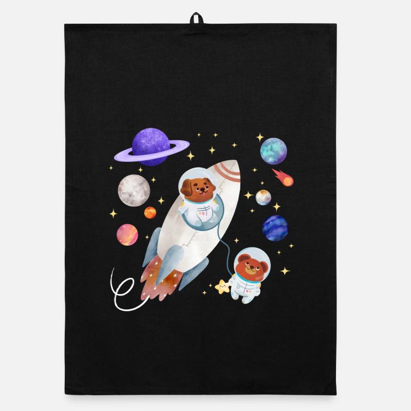 Dog and teddy bear explore space Organic dish towel