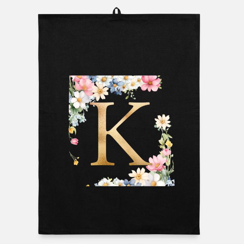 K Monogram, Floral, Personalizable Organic dish towel