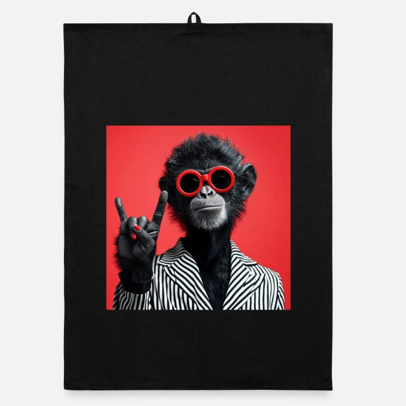 Monkey in red sunglasses making rock gesture Organic dish towel