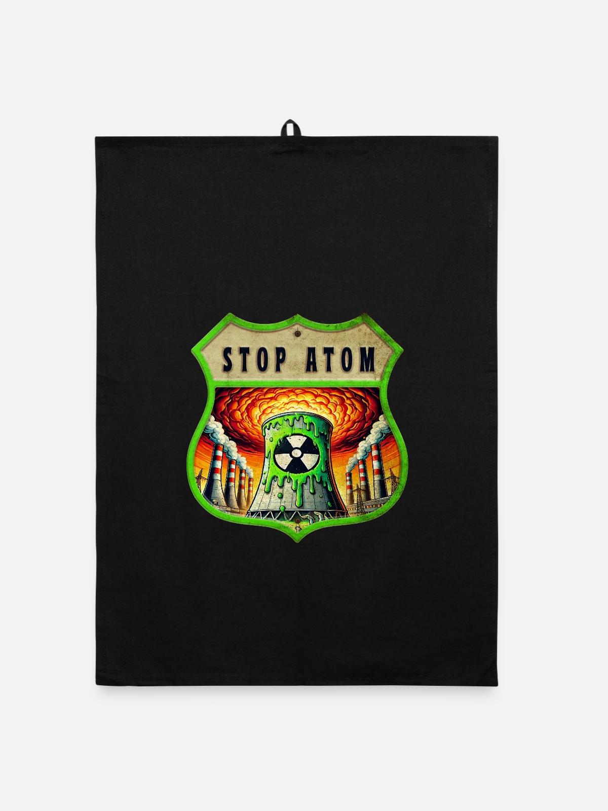 Stop Atom Wappen Design - Organic Geschirrtuch - Schwarz - Vorne