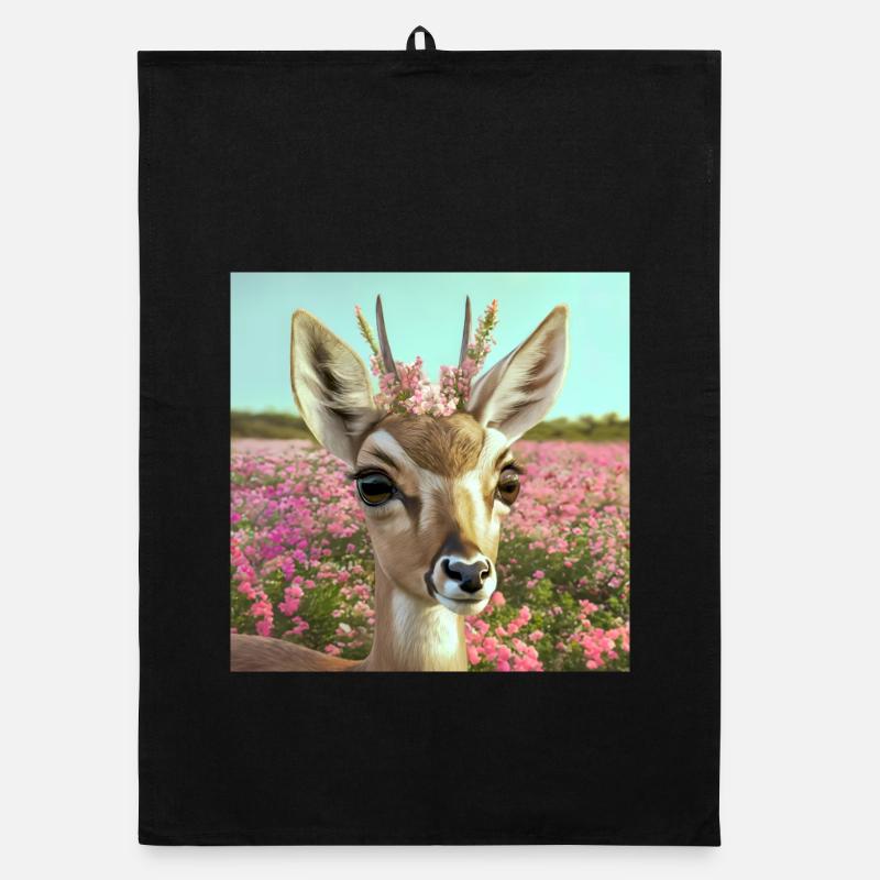 Deer with flower crown in spring meadow (AI-Art) Organic dish towel